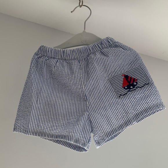 THE BAILEY BOYS Seersucker Infant Boy Swim Trunks with Embroidered Sailboats - Picture 2 of 6